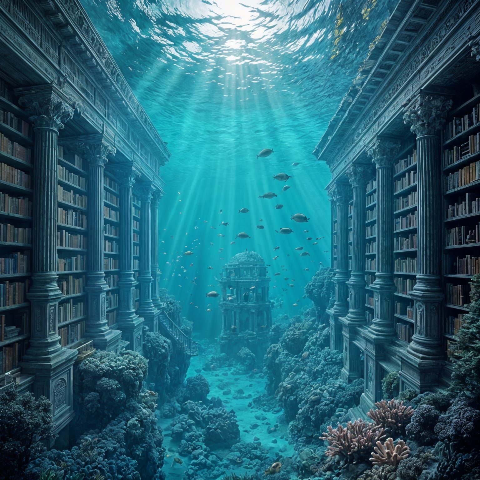 Underwater Ancient Library in Turquoise Ocean