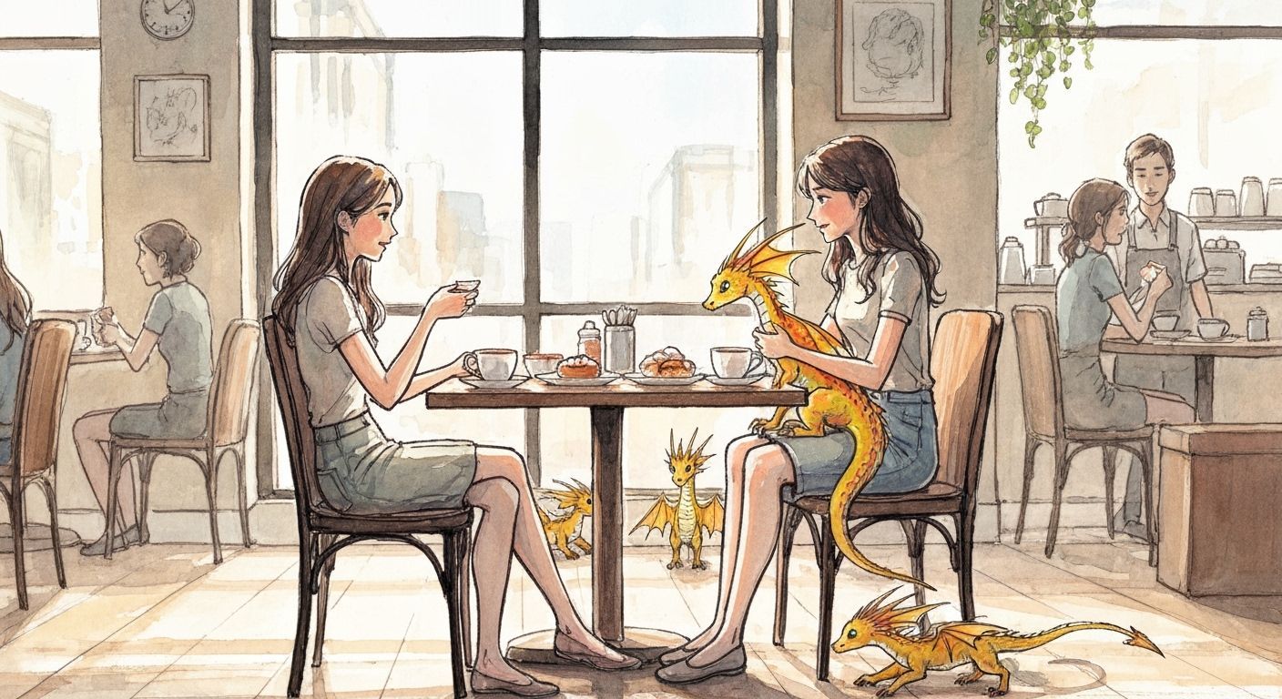 Cozy Cafe with Dragons and Watercolor Style