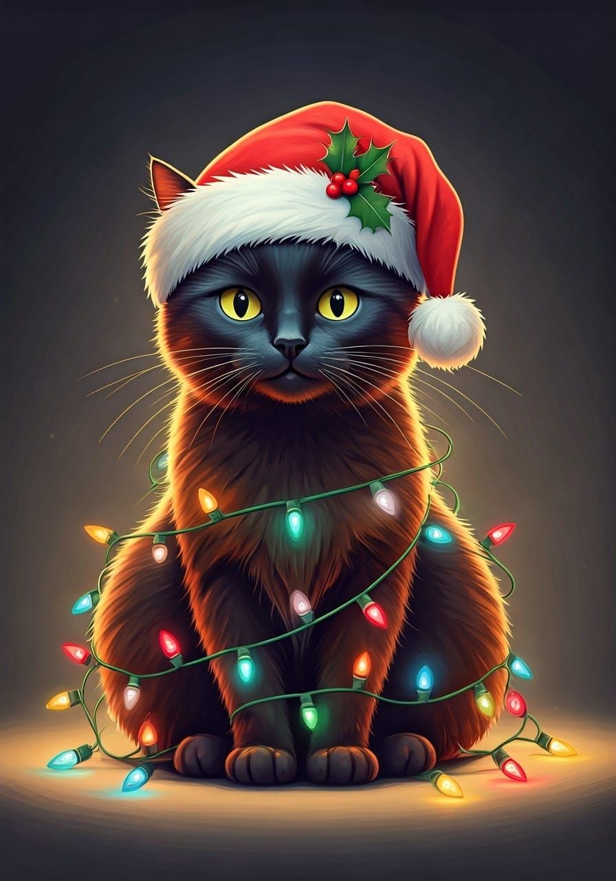 Black Cat's Christmas Light Mischief