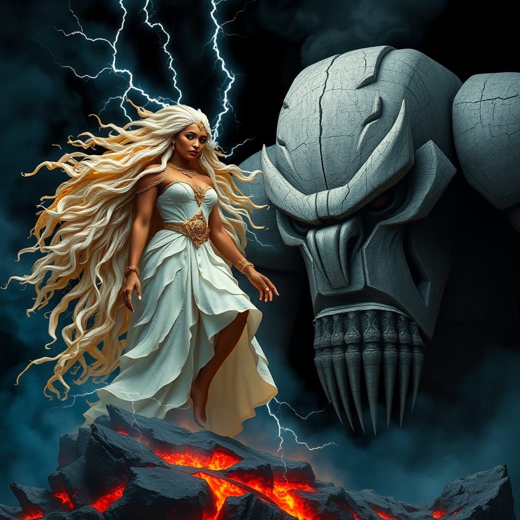 Majestic Queen and Golem in Ethereal Landscape