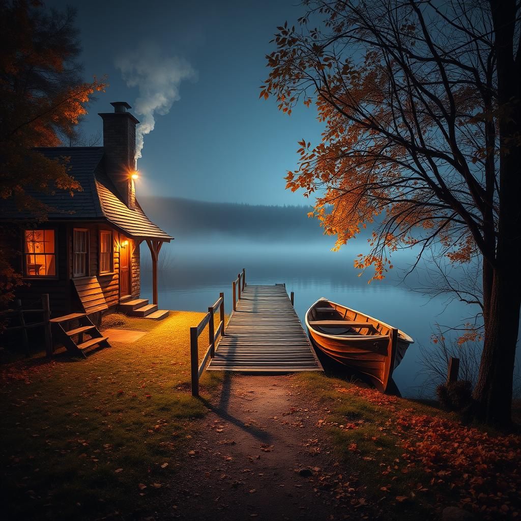 Autumn Cottage on Misty Lake: Ink Art