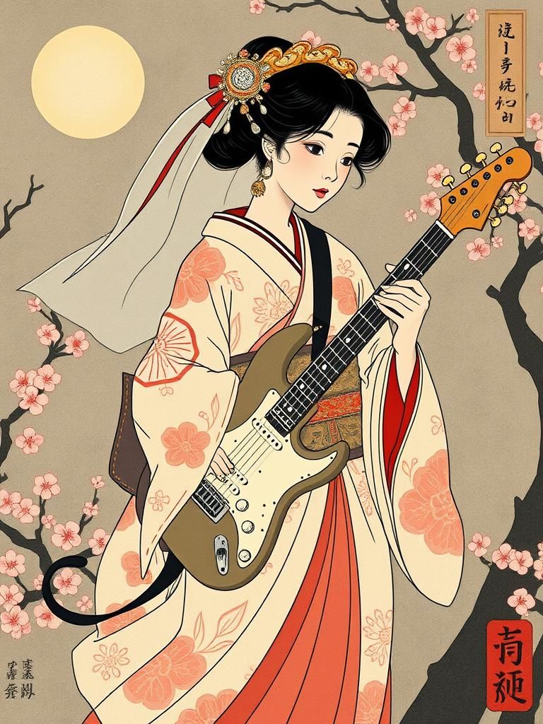 Bride Wields Guitar in Japanese Woodblock Print Style