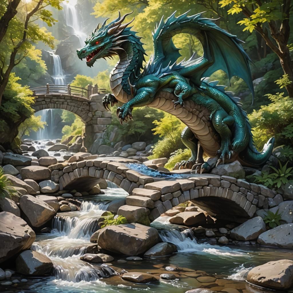 A Dragon on a stone bridge arching over a babbling brook, wi...