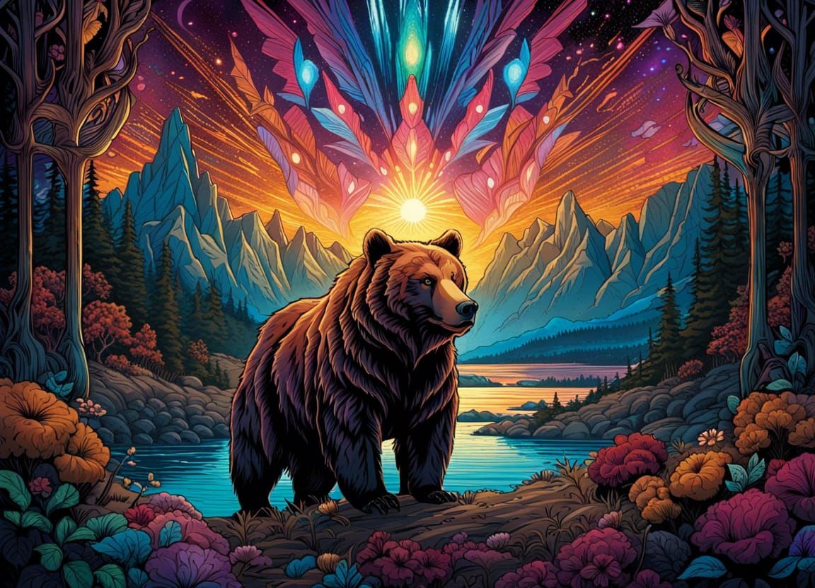 Kaleidoscopic Grizzly Bear in Comic Book Style