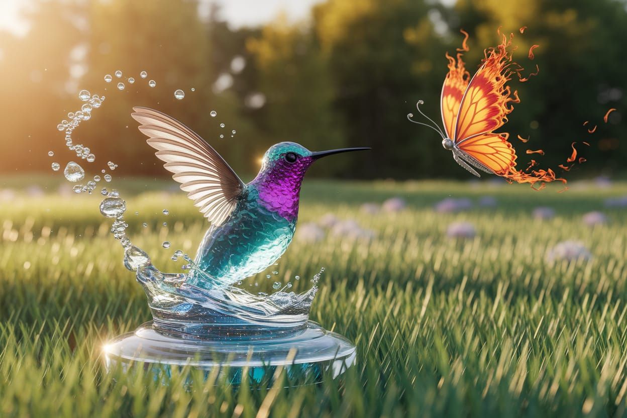 Vibrant Hummingbird Interacts with Flickering Butterfly in a...