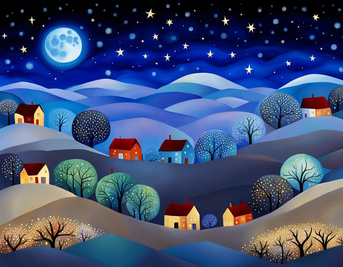 Moonlit Hills Whimsical Painting with Golden Highlights