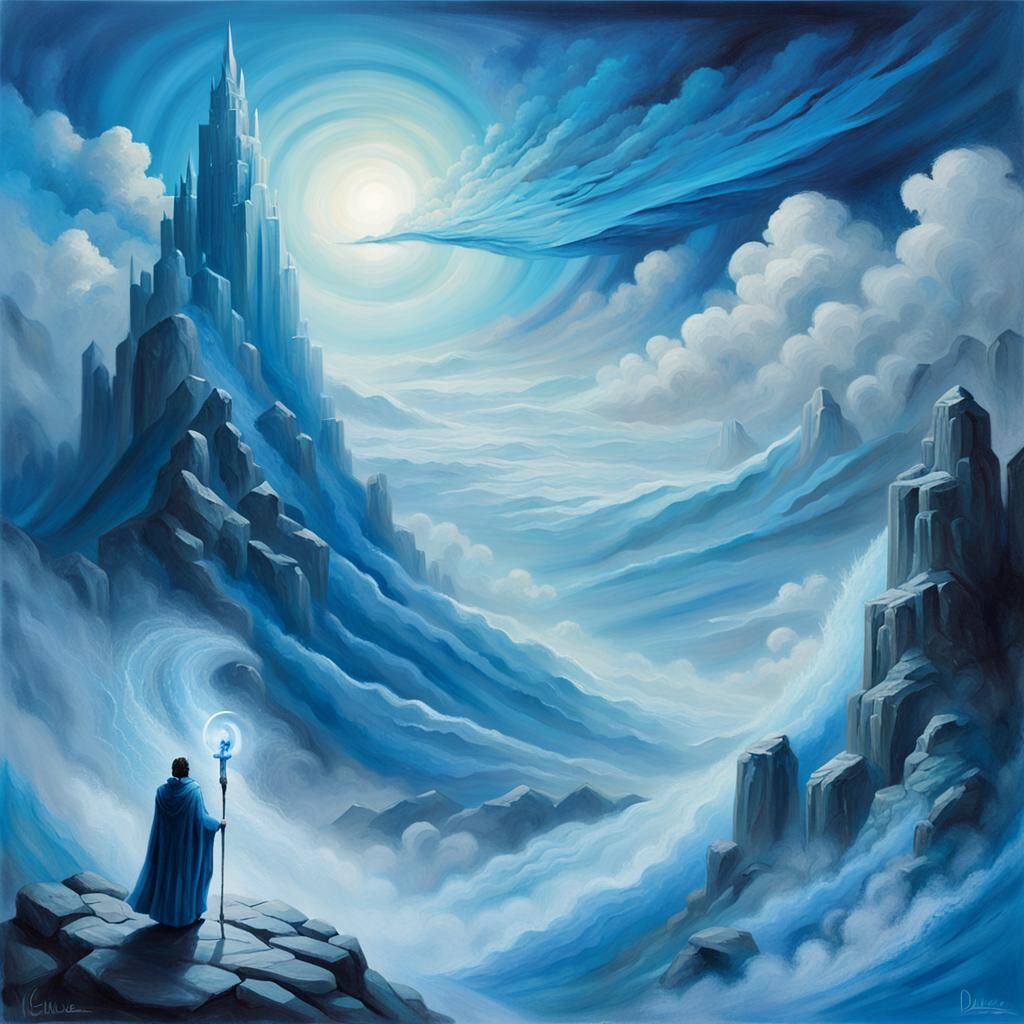 Oracle in Blue Cloak: Dreamlike Sci-Fi Landscape
