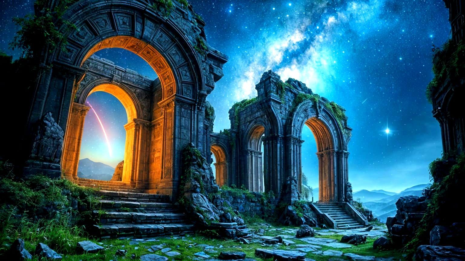 Elven Ruins Under Nebula Sky: Hyper-Realistic Astral Art