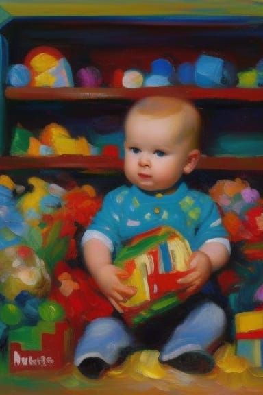 Adorable Baby in Box: Neo-Impressionist Oil Painting