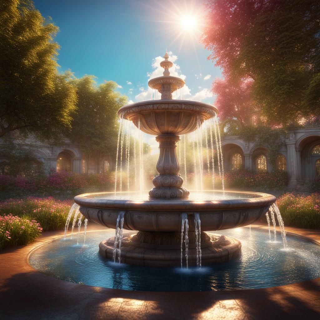 Jeweled Fountain in Sunlit Garden: Hyperrealistic Art