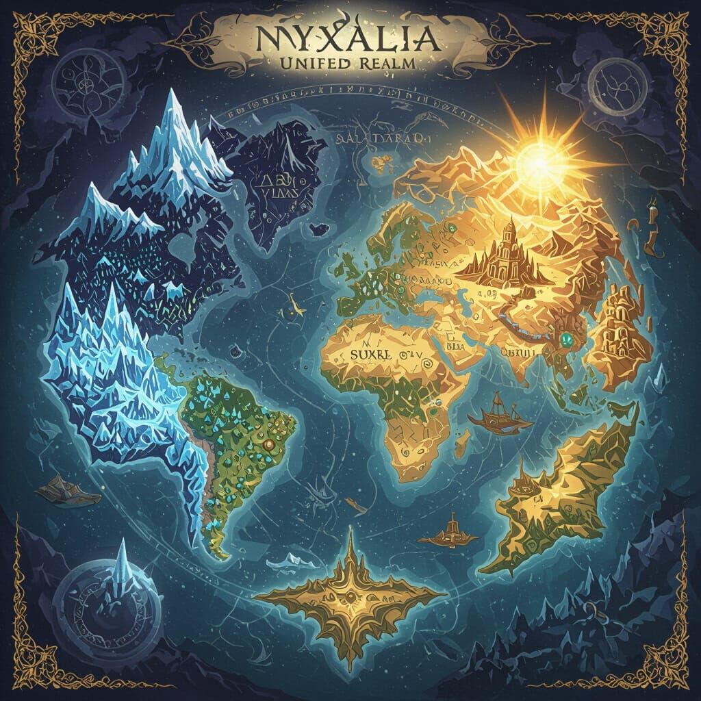 High-Fantasy World Map of Nyxalia in Parchment Style