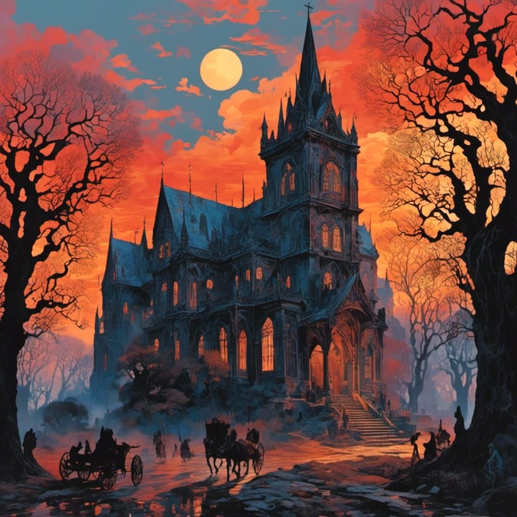 Eerie Church at Dusk in Fantasy Collage Style