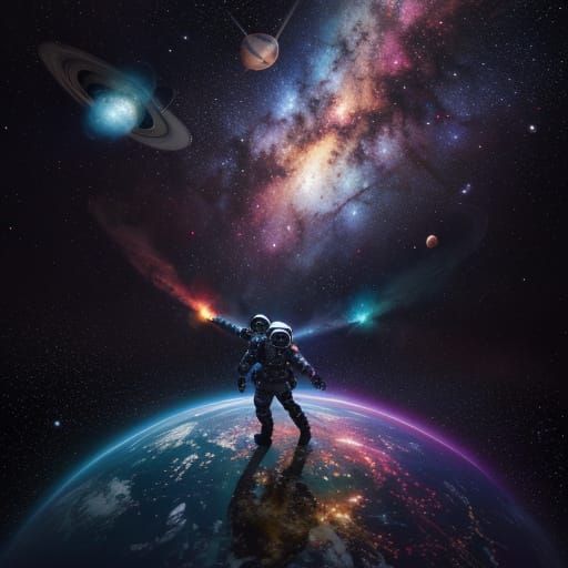 Vibrant Oil Painting of Lone Astronaut in Starry Space