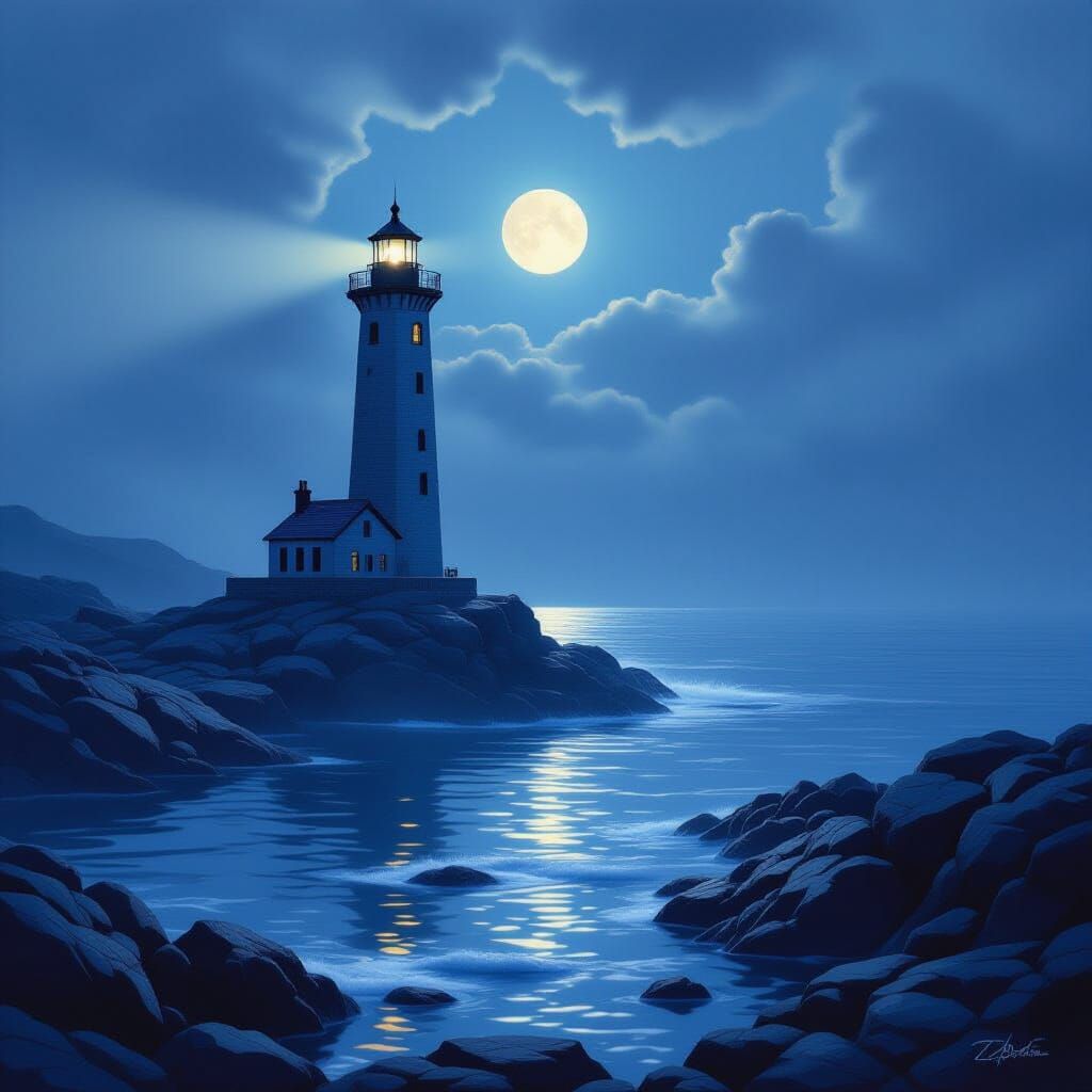 Solitary Lighthouse Beam Pierces Misty Twilight Sea