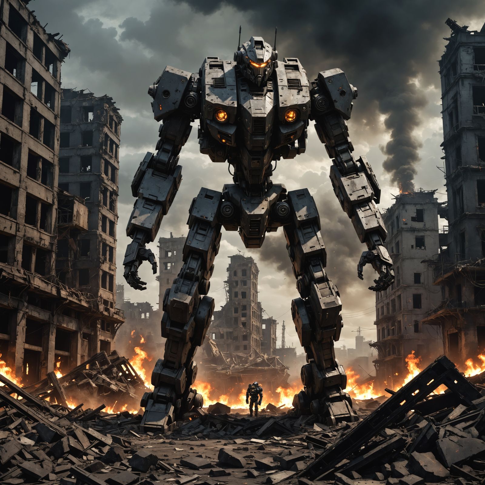 Anime Battle Mech in Post-Apocalyptic Cityscape
