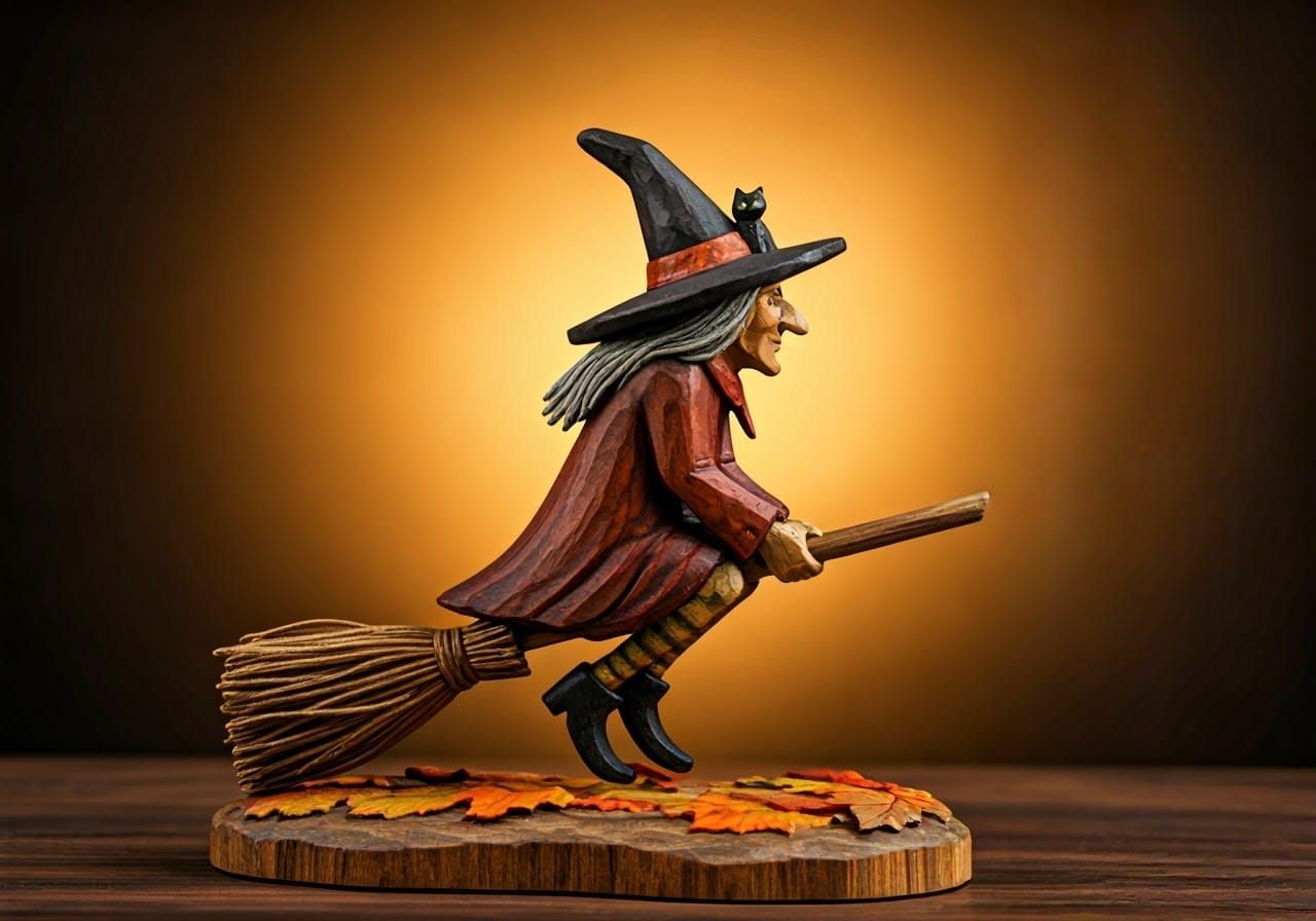 Whimsical Wood Carving: Witch and Cat in Flight