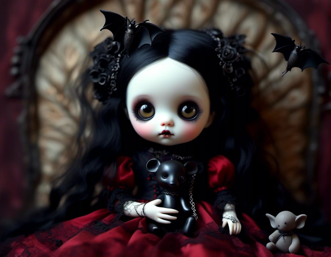 goth doll with black teddy bear