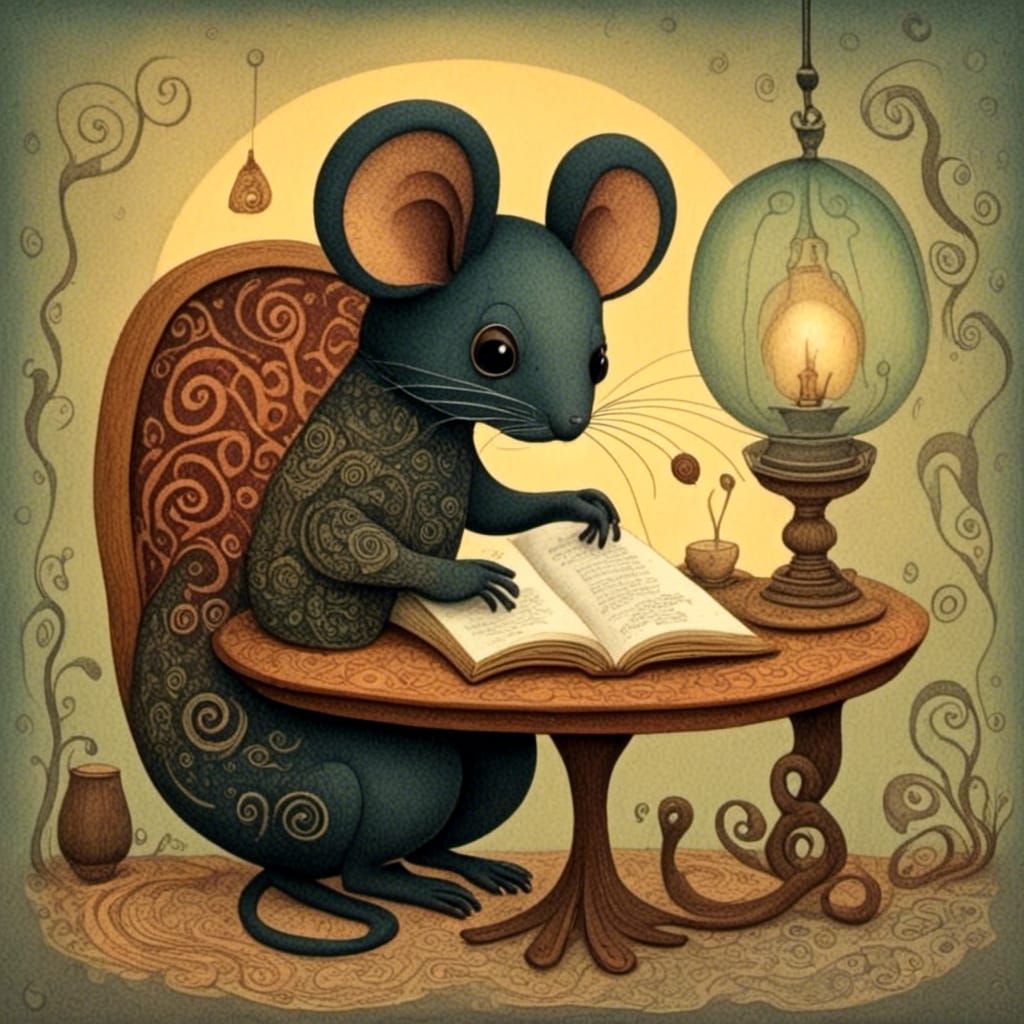 Mouse Reading Book in Cozy Home, Watercolor Illustration