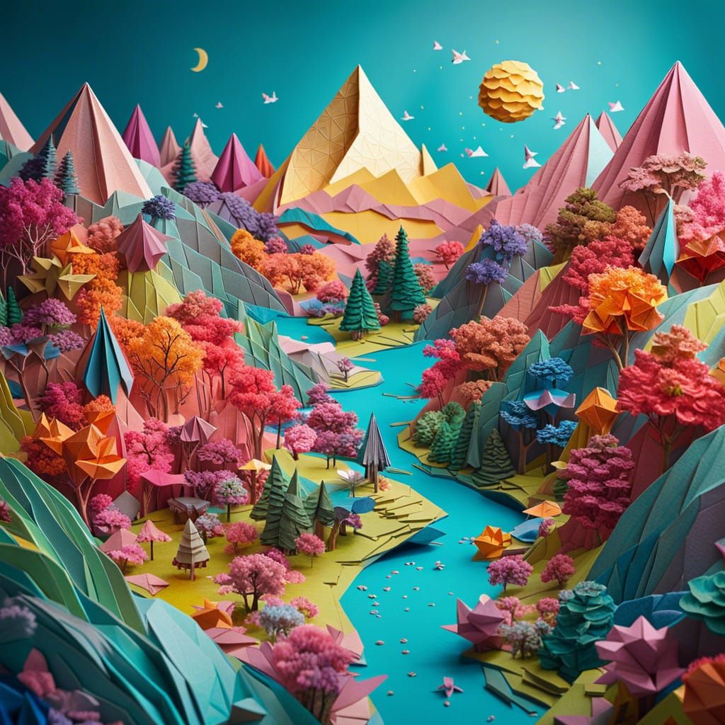 Vibrant Papercraft Origami Planet Landscape