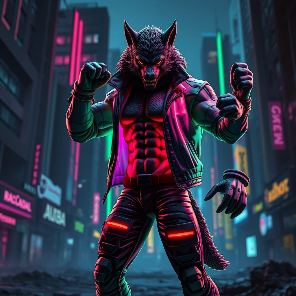 Neon Werewolf Hero in Cyberpunk City