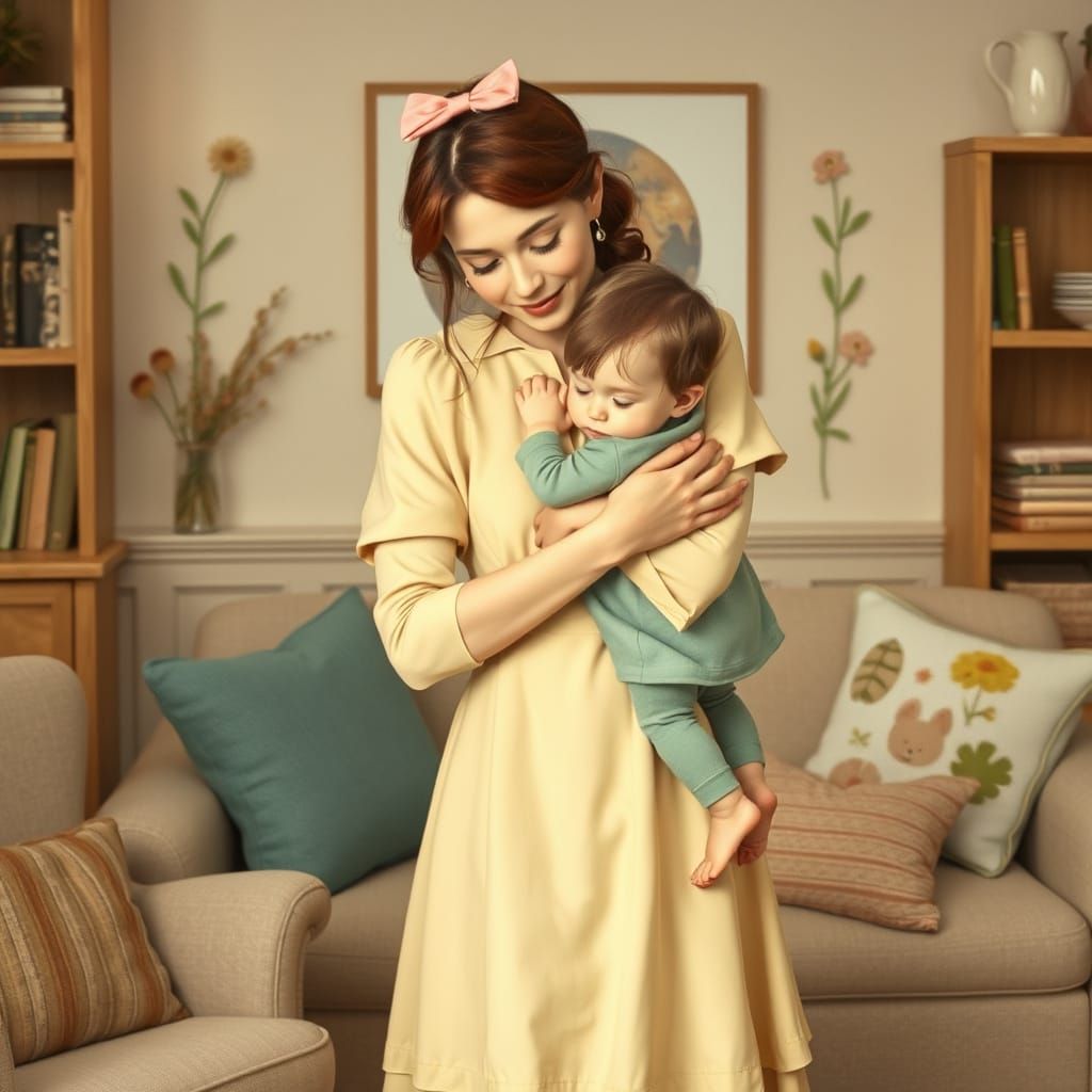 Motherly Love in Whimsical Watercolor Style