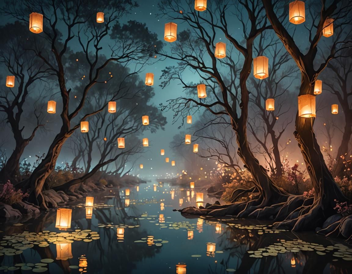 Bioluminescent River: Floating Lanterns in Watercolor Style