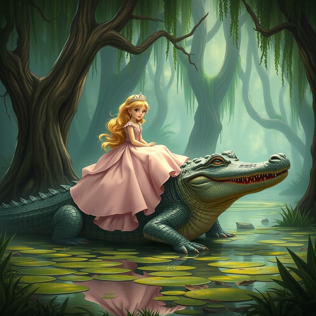 Princess Rides Crocodile in Mystical Swamp, Digital Art