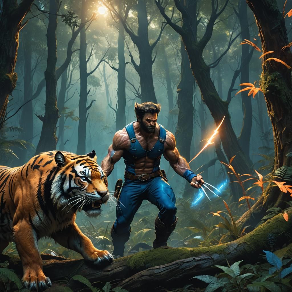Wolverine-Tiger Fusion in Mystical Forest: Fantasy Art