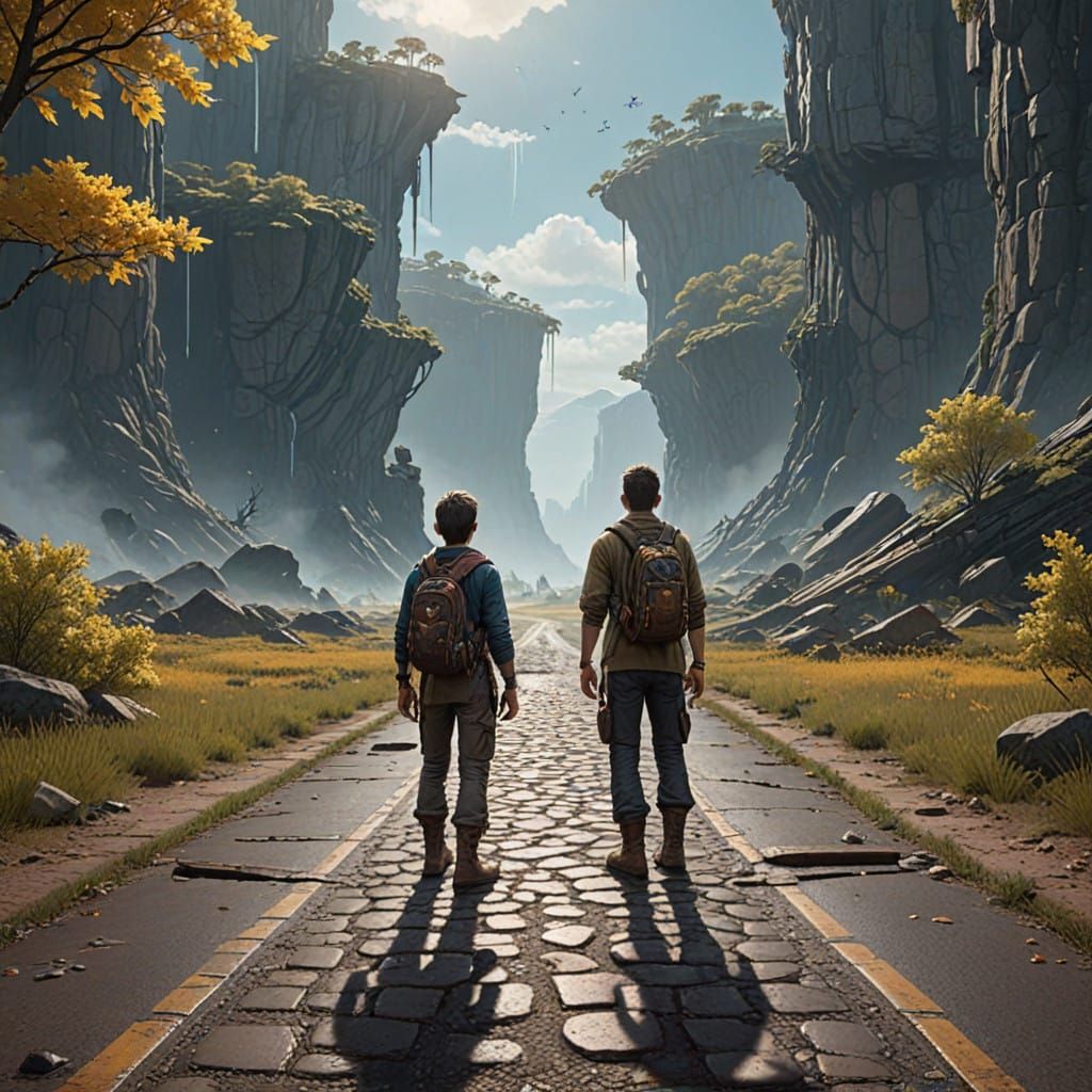 Boy Stands at the Crossroads of Six Roads, Guided by Vibrant...