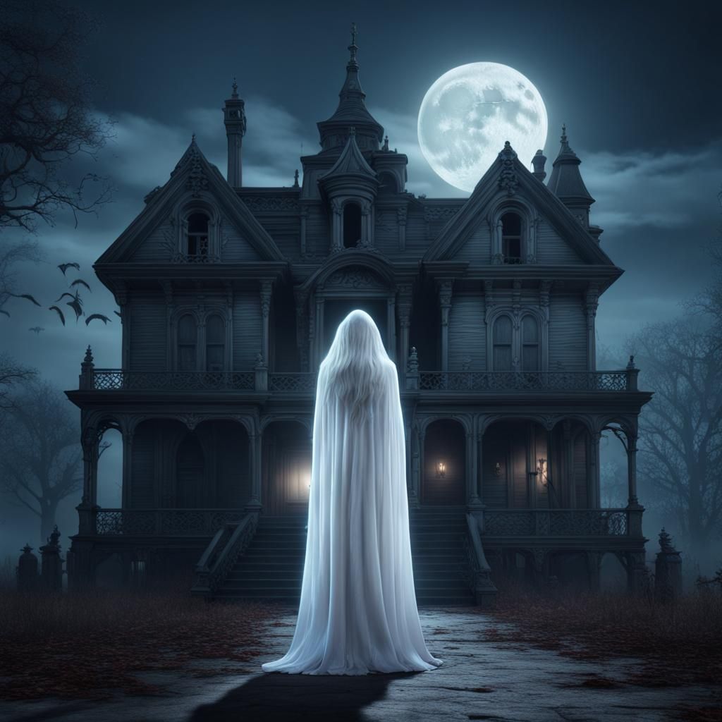 Ghostly Apparition at Haunted House in Moonlight