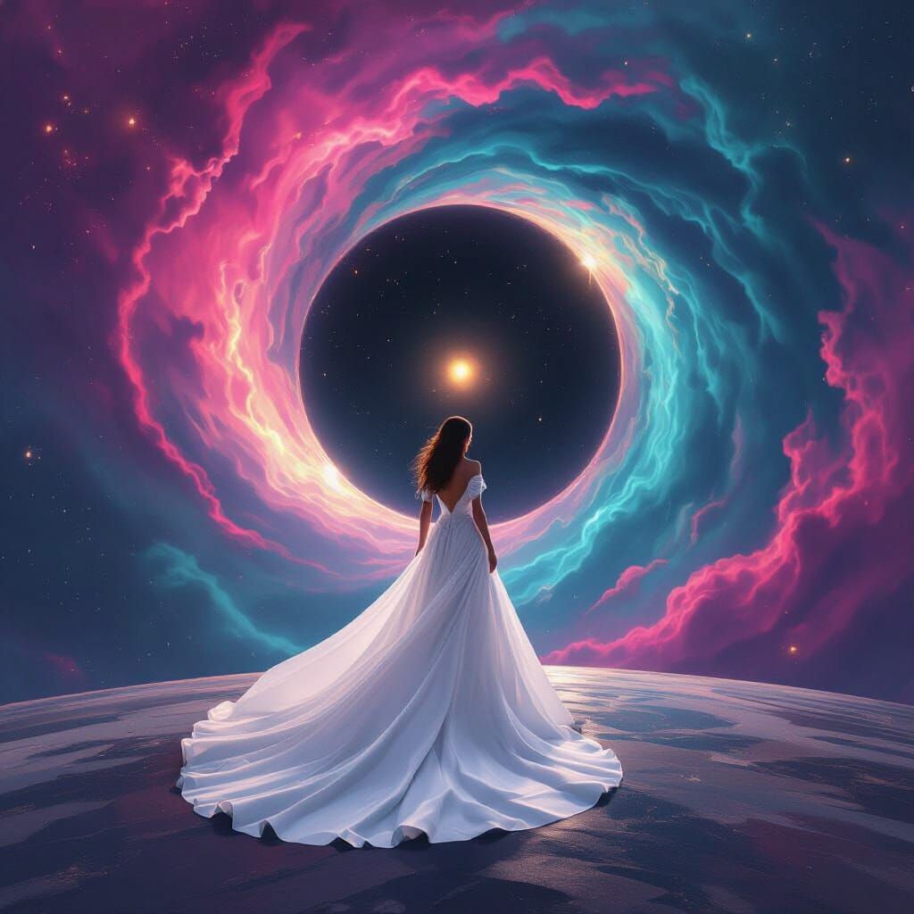 Woman in White Gown Amidst Hypnotic Cosmic Nebula