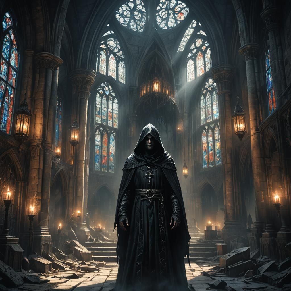 Gothic Figure in Ruined Cathedral: Dark Fantasy Art