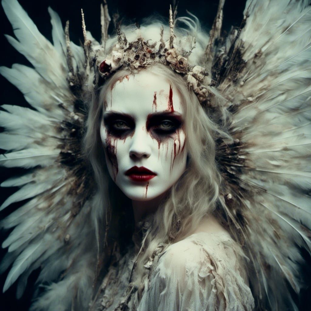 Nightmare Angel with Black Feathers and Ghosts
