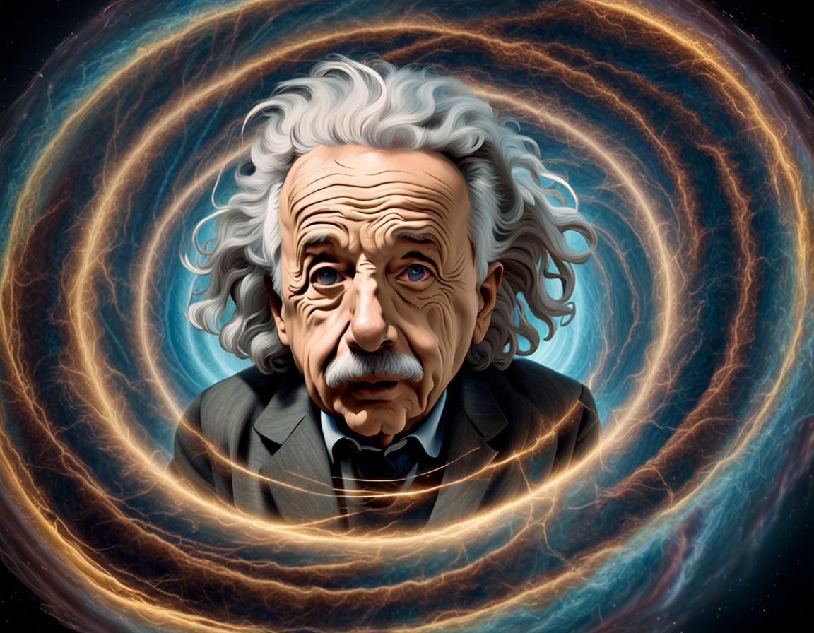 Einstein's Bewildered Face in Surreal Time Vortex