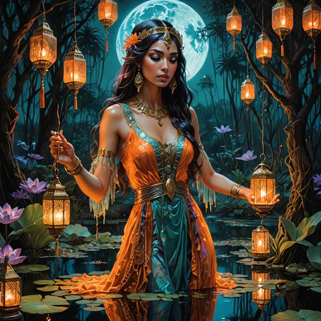 Egyptian Moon Goddess in Bioluminescent Dark Fantasy Style