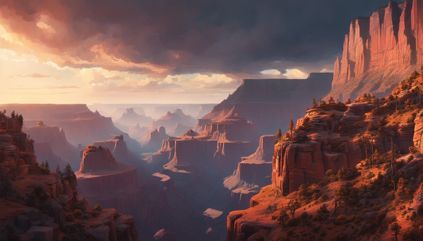 Golden Dawn Over Grand Canyon in Cyberpunk Concept Art Style