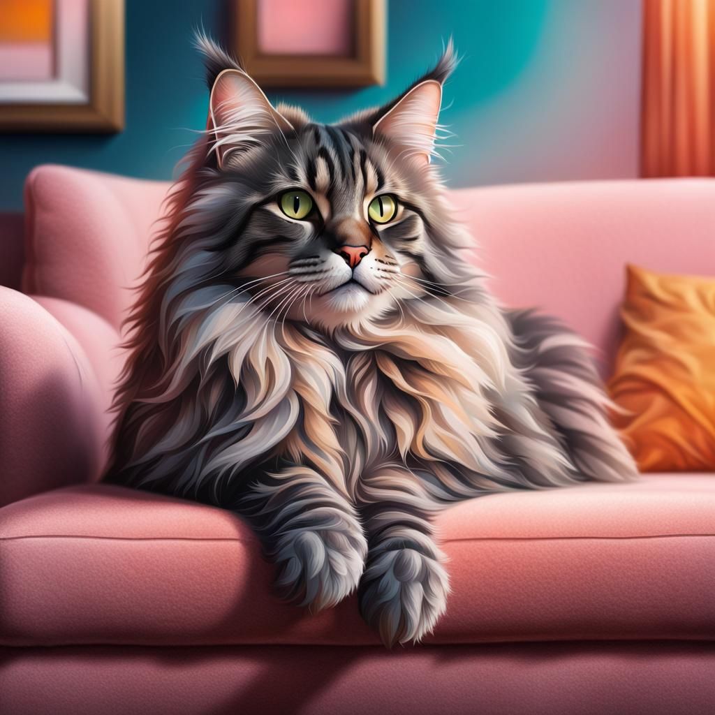 Hyperrealistic Maine Coon on Fluffy Couch