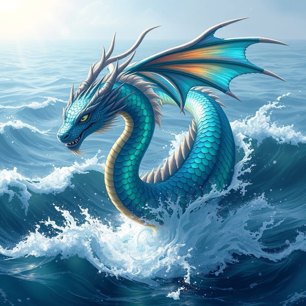 Majestic Water Dragon Emerges from Ocean in Whimsical Dreaml...