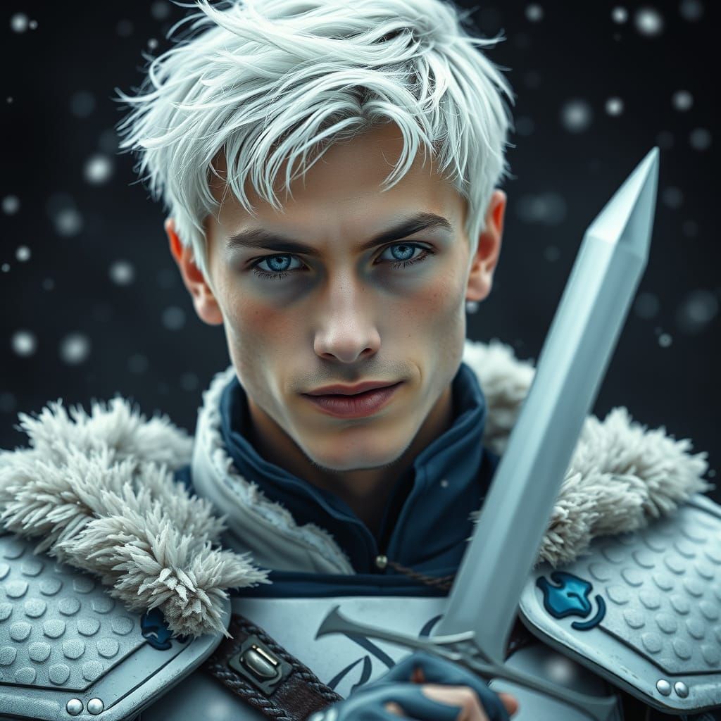 Ethereal Warrior with Snow-White Hair and Ice Blue Eyes