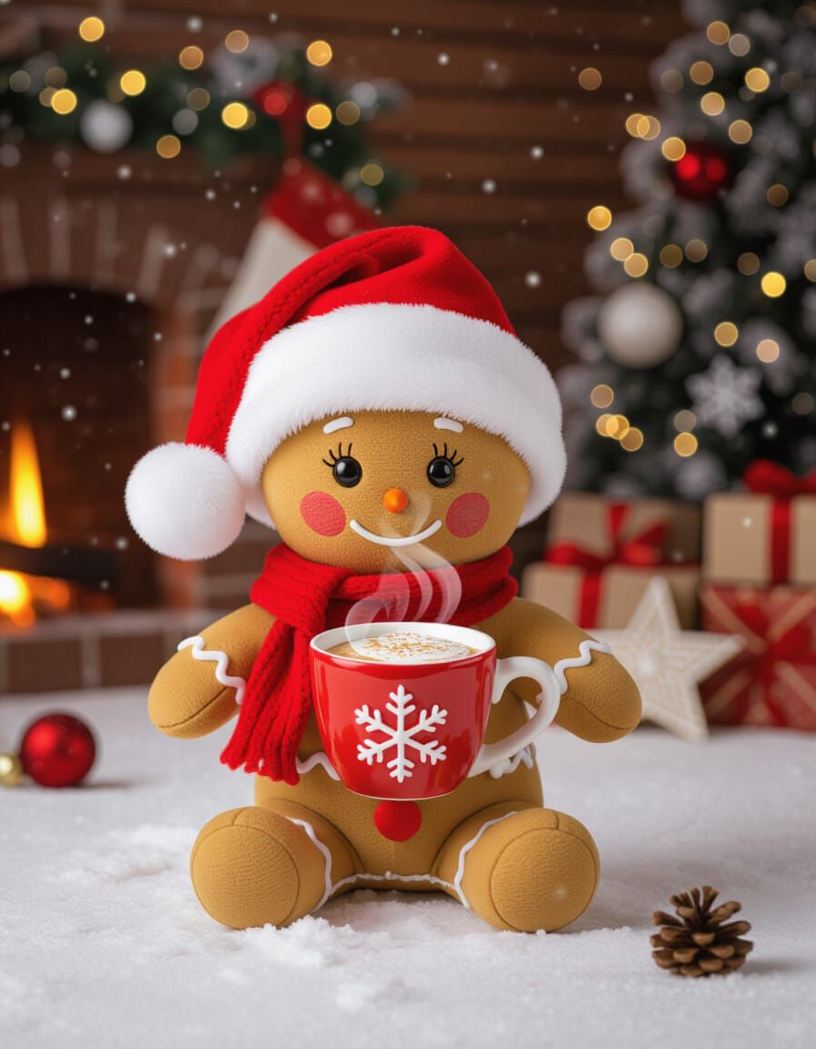 Adorable Gingerbread Man in Santa Hat Holding Hot Chocolate