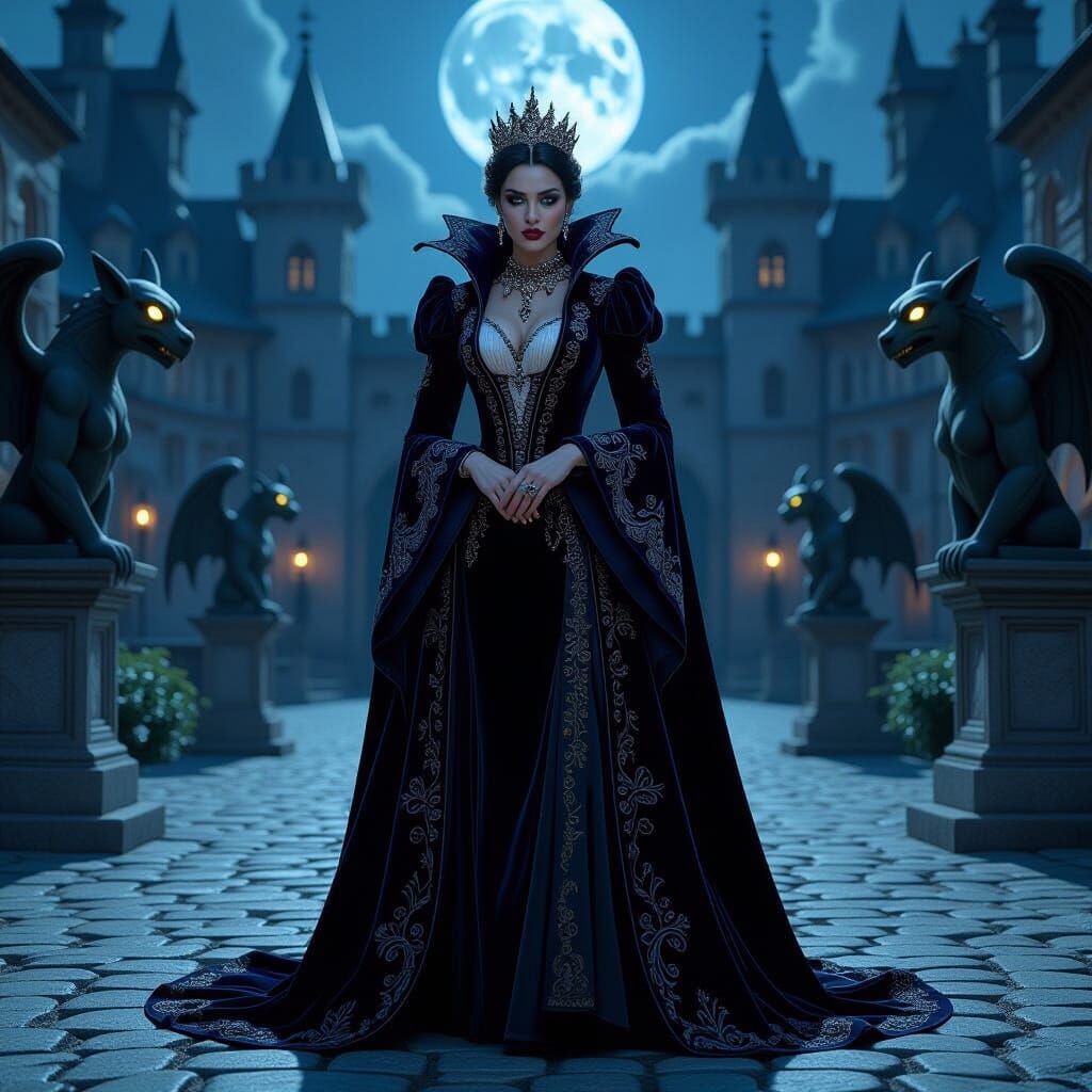 Vampire Queen in Velvet Robes Surveys Moonlit Castle Courtya...