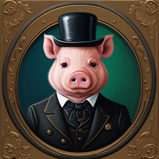 Piglet in Bowler Hat, Folk Art Portrait