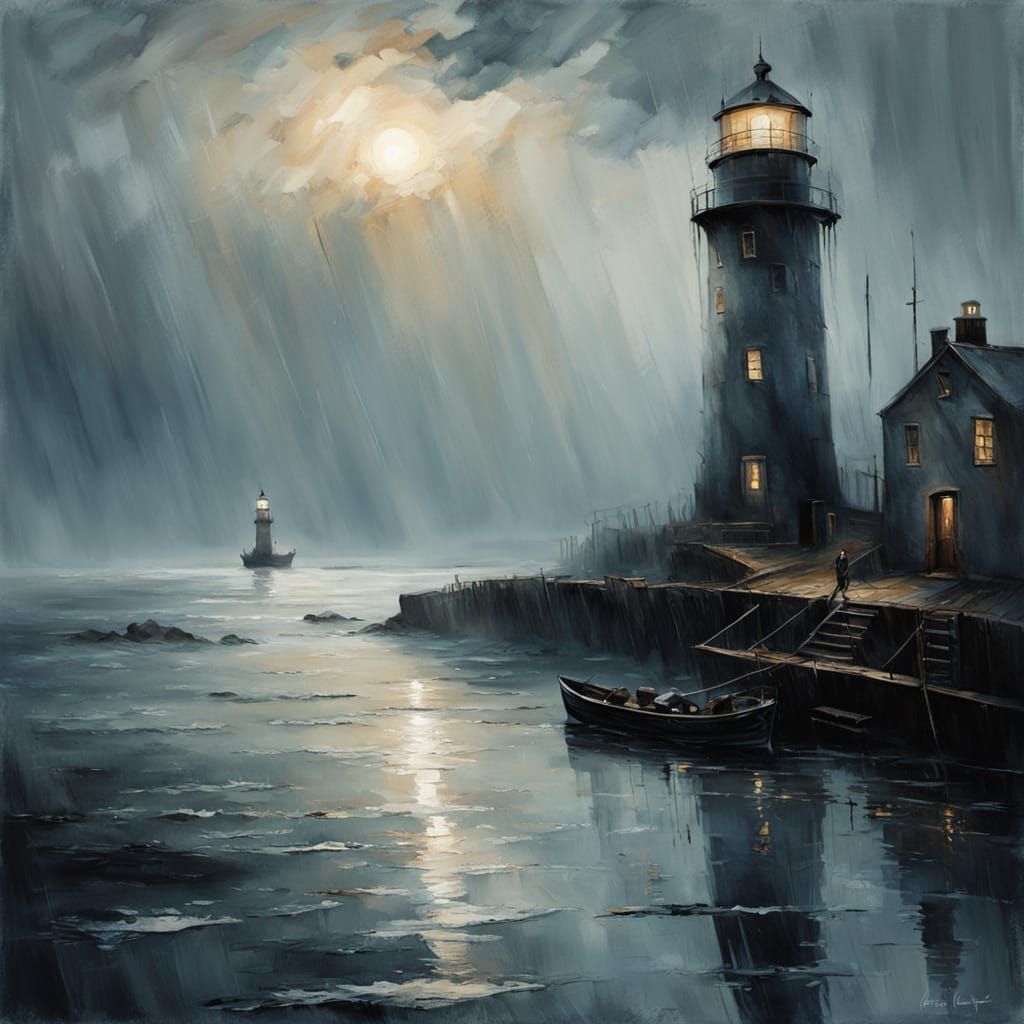 Misty Sunset at a Weathered Lighthouse