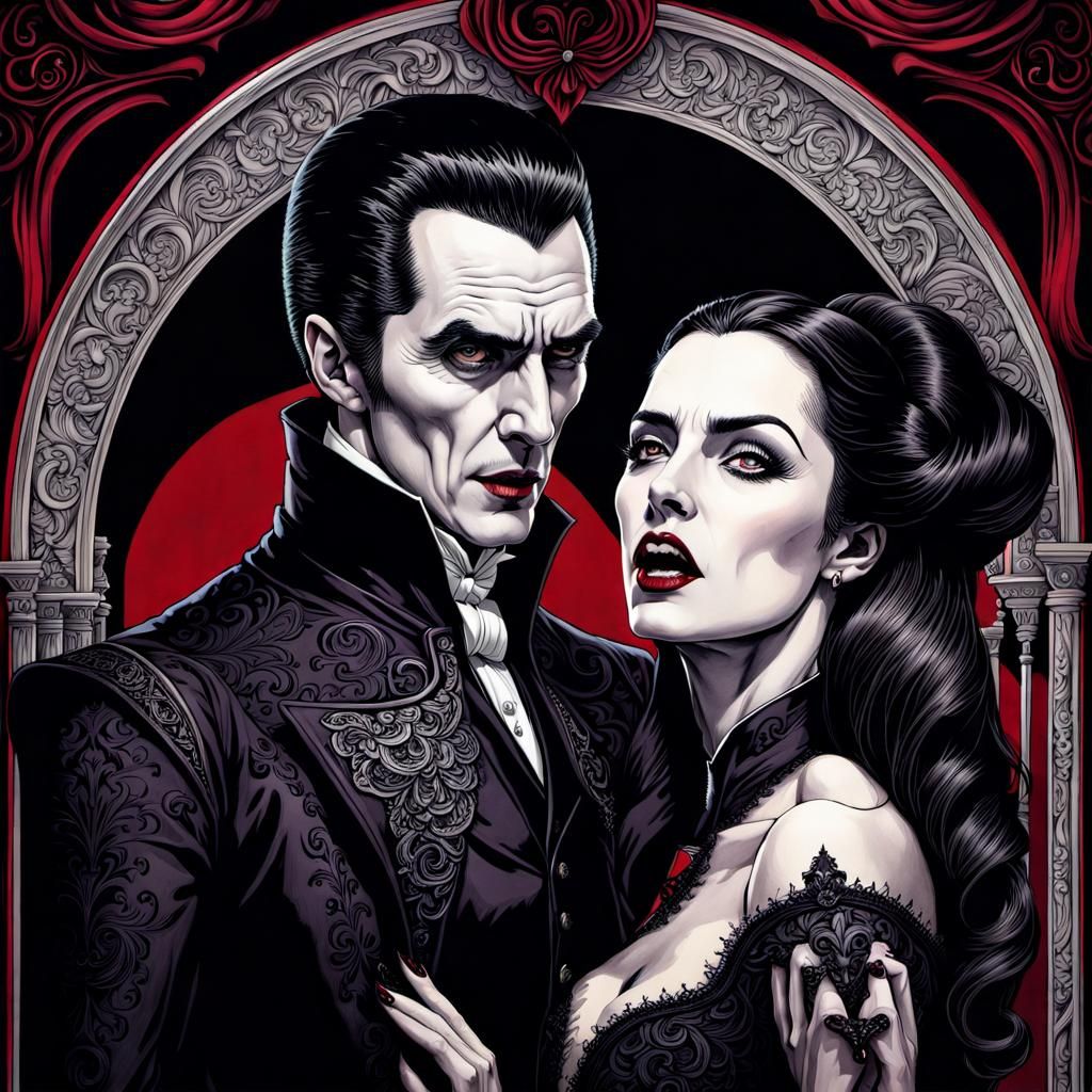 Creepy Vampire Couple in High-Resolution Ink Painting