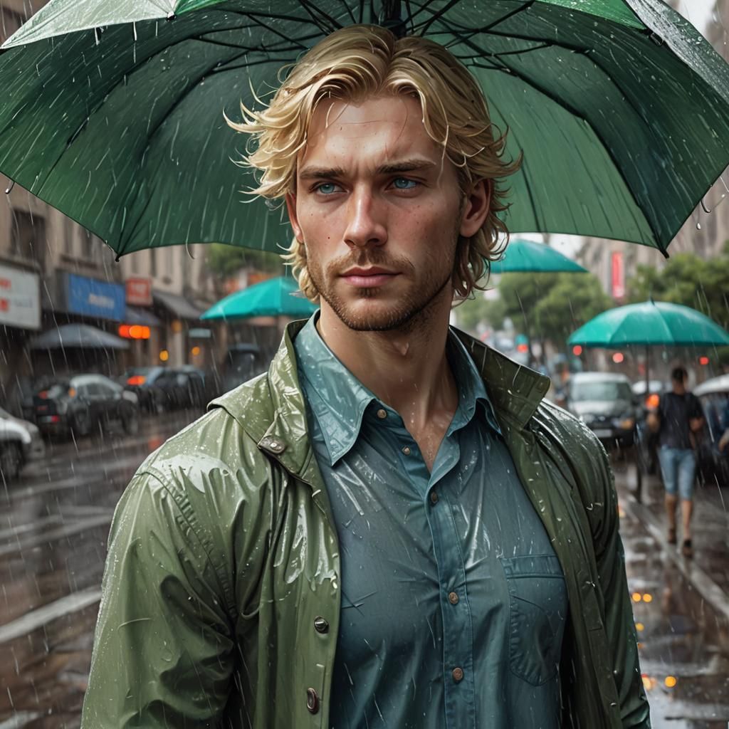 Blonde Man in Rain: Hyperdetailed Portrait