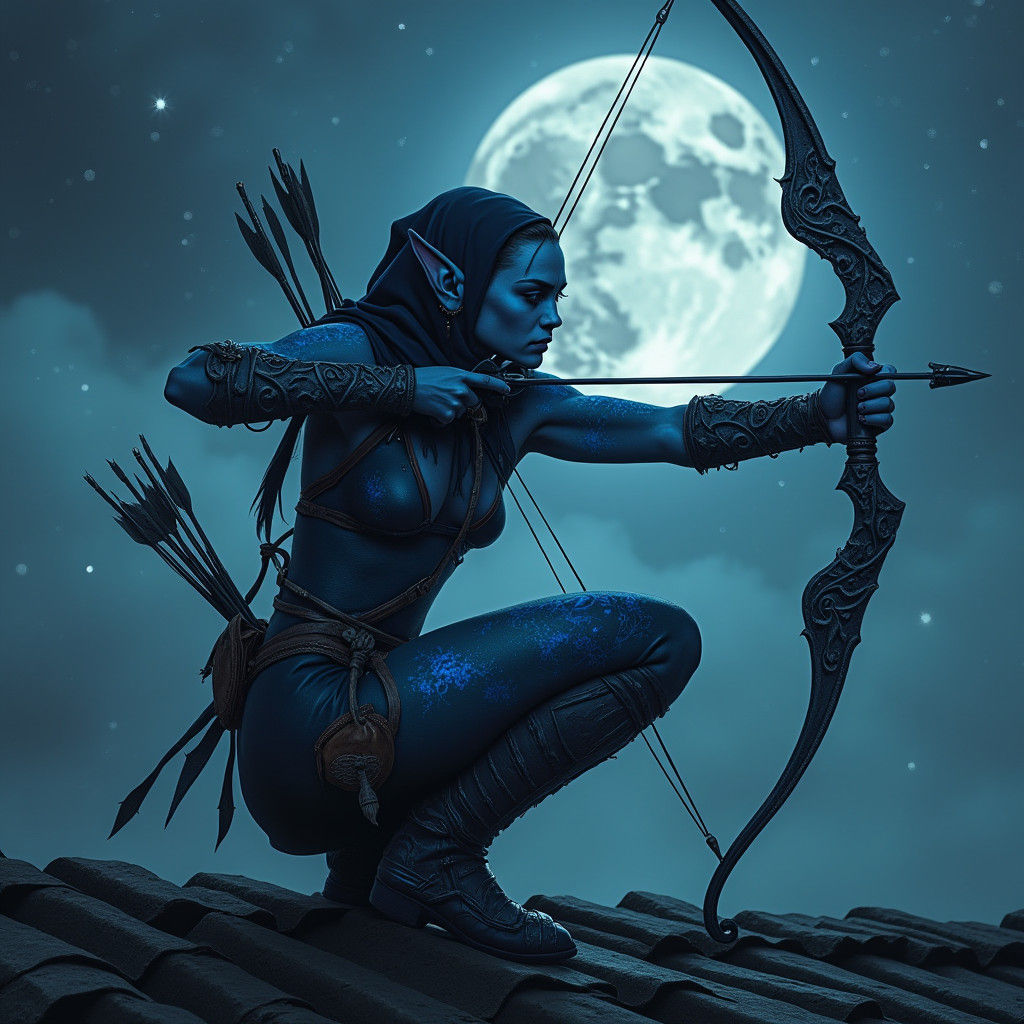 Elf Archer on Rooftop in Dramatic Moonlight