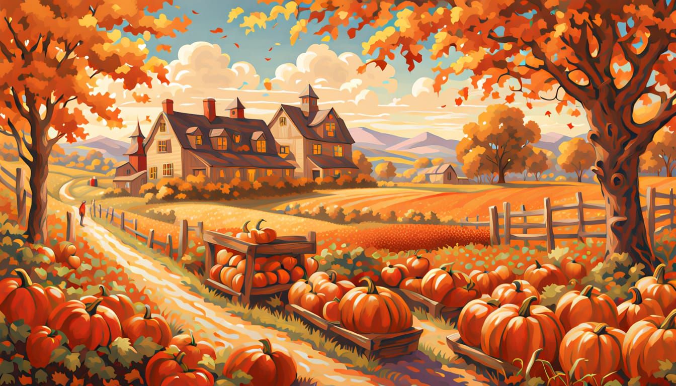 Art Nouveau Autumn Harvest Scene With Whimsical Details