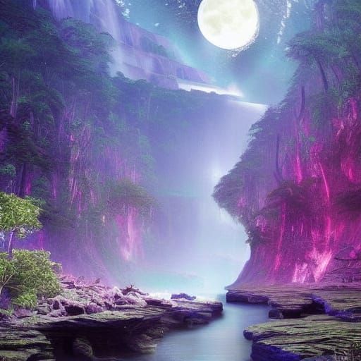 Neon Planetscape with Giant Moon and Bellflower Waterfall