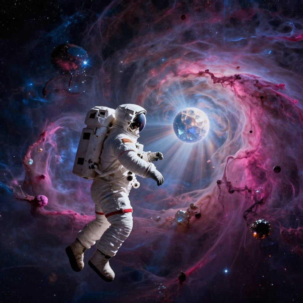 Astronaut Adrift in Nebula Gazing at Crystal Planet
