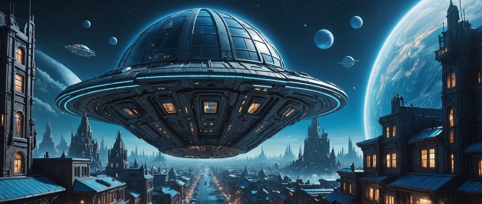 Blue Neon Fantasy Town on Blue Moon